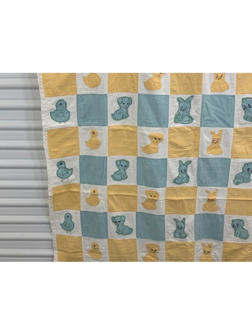 Vintage Nursery Quilt Checkerboard Animal Appliques Pastel Palette Aqua Blue Lar